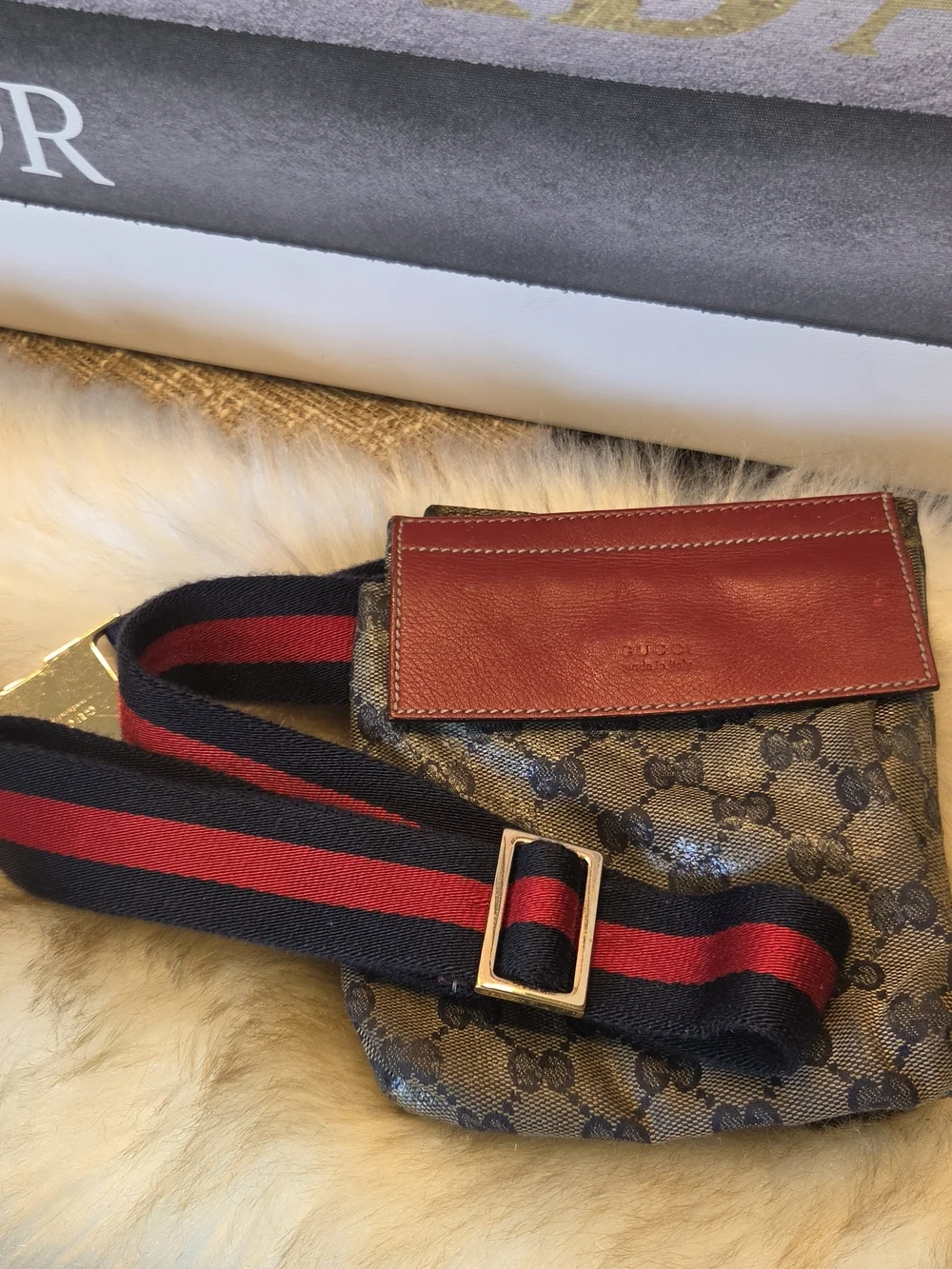 Gucci Brown GG Canvas Belt Bag with Red Leather Trim